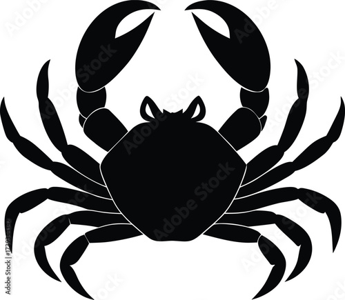 Black vector illustration of a crab silhouette seafood symbol with claws and a shell on a white background