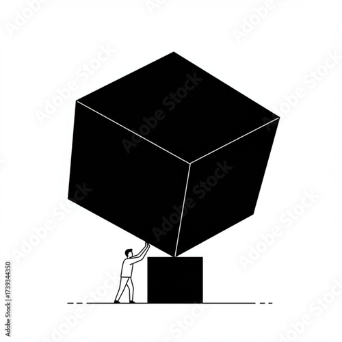 Business Challenge and Effort Concept Vector Illustration – Man Pushing a Giant Cube Symbolizing Hard Work and Determination