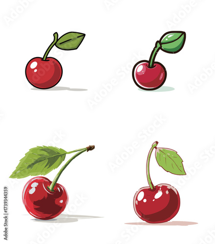 Four distinct cherry illustrations showcase vibrant colors and various designs, highlighting their juicy appeal and fresh look. Each cherry features unique leaves and details.