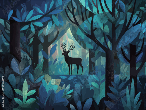 A deer stands quietly among tall trees in a lush forest, surrounded by vibrant foliage. Soft light filters through the leaves, creating a serene atmosphere.