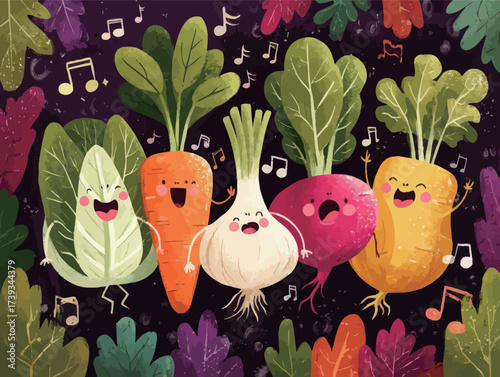 A group of cheerful vegetables, including carrots and radishes, sings and dances in a vibrant garden surrounded by leafy greens. Their joyful expressions bring the scene to life.