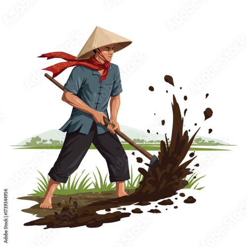 Asian Farmer Working in Rice Field – Traditional Agriculture Vector Illustration