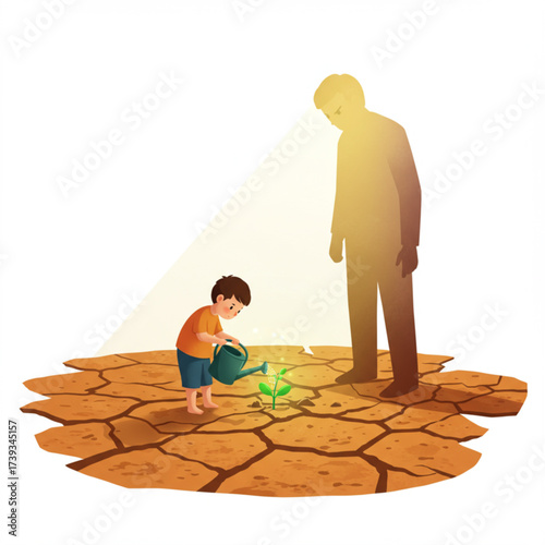 Hope and Growth in Adversity — Child Watering Plant on Dry Land Symbolizing Environmental Care and Future Generations