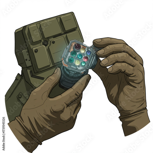 Soldier Hands Holding Advanced Targeting Device – Military Technology Vector Illustration