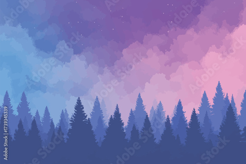 A peaceful forest scene is captured during sunset, blending vibrant hues of pink, purple, and blue in the sky. The tall trees stand majestically against the colorful backdrop.