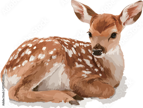 A young deer with spotted fur is resting calmly on the ground, showcasing its delicate features and gentle nature. The scene is tranquil and idyllic.