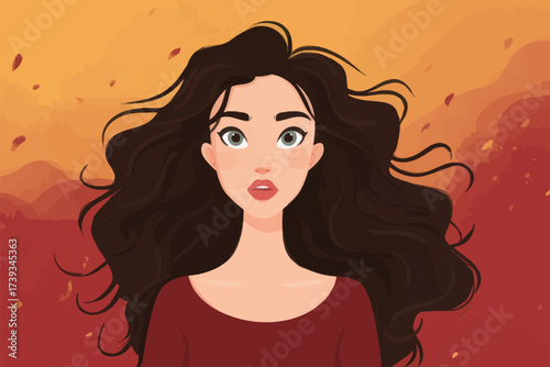 A young woman with long, dark hair looks surprised. She wears a simple top and stands out against a warm, colorful background filled with autumn hues.