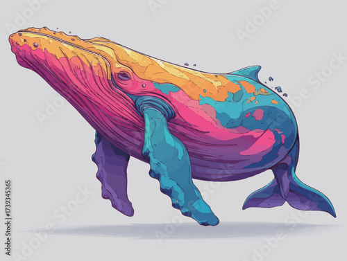 A colorful whale illustration features bright hues of pink, blue, and purple, capturing a dynamic swimming motion against a light background.