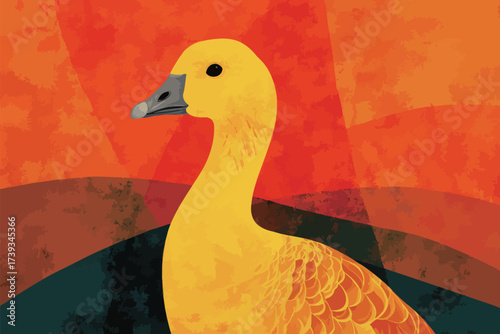 A bright yellow duck poses confidently in front of a colorful, abstract background featuring warm hues of orange and red. The artwork creates a lively atmosphere.