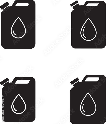 Four black silhouette icons of fuel canisters with water drops inside on a white background