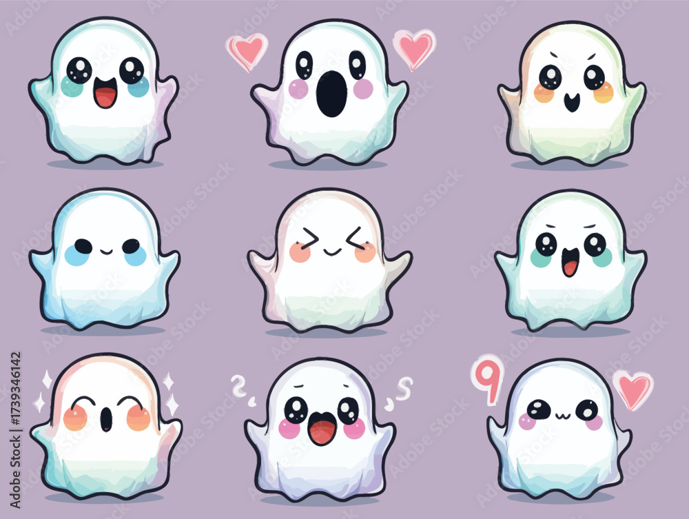 Fototapeta premium A grid of nine cute cartoon ghosts shows various emotions like happiness, surprise, and love. Each ghost features a unique expression in soft pastel colors.