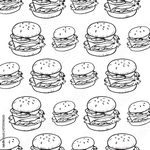 Seamless Burger Pattern Vector Design for Fast Food Wrapping Paper, Branding and Backgrounds