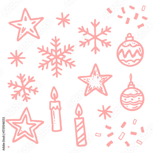 Set of isolated Christmas and New Year party decoration ornaments in black doodle hand-drawn graphic illustration on a white background 5
