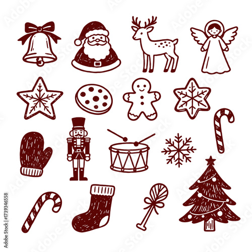 Set of isolated Christmas and New Year party decoration ornaments in black doodle hand-drawn graphic illustration on a white background 5