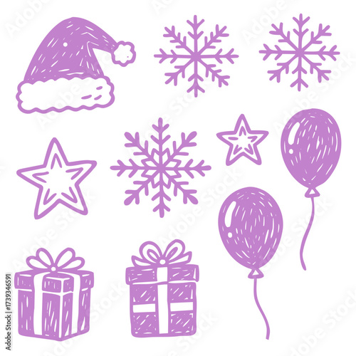 Set of isolated Christmas and New Year party decoration ornaments in black doodle hand-drawn graphic illustration on a white background 5