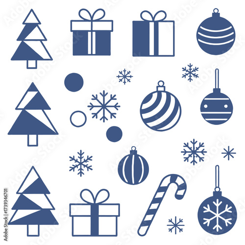 Set of isolated Christmas and New Year party decoration ornaments in black doodle hand-drawn graphic illustration on a white background 5