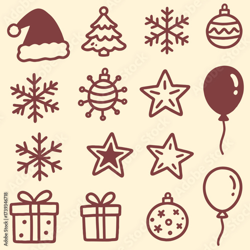 Set of isolated Christmas and New Year party decoration ornaments in black doodle hand-drawn graphic illustration on a white background 5
