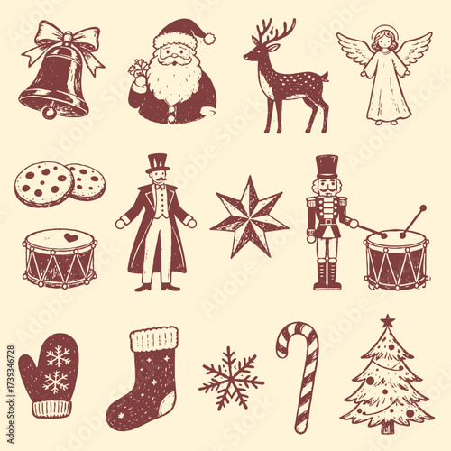 Set of isolated Christmas and New Year party decoration ornaments in black doodle hand-drawn graphic illustration on a white background 5