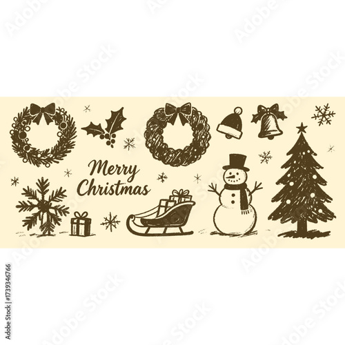 Set of isolated Christmas and New Year party decoration ornaments in black doodle hand-drawn graphic illustration on a white background 5