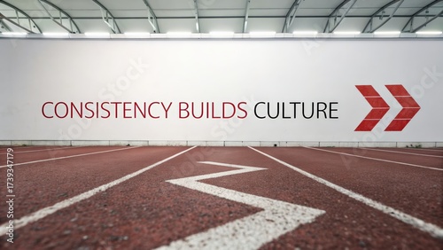 Running track with motivational text on wall promoting consistency and culture