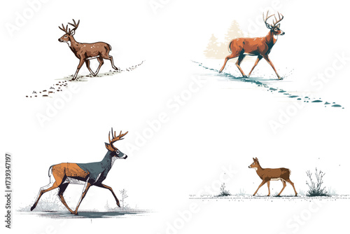Stags are depicted walking across a snowy landscape. Their tracks can be seen in the snow, along with patches of shrubbery, capturing a serene winter scene.
