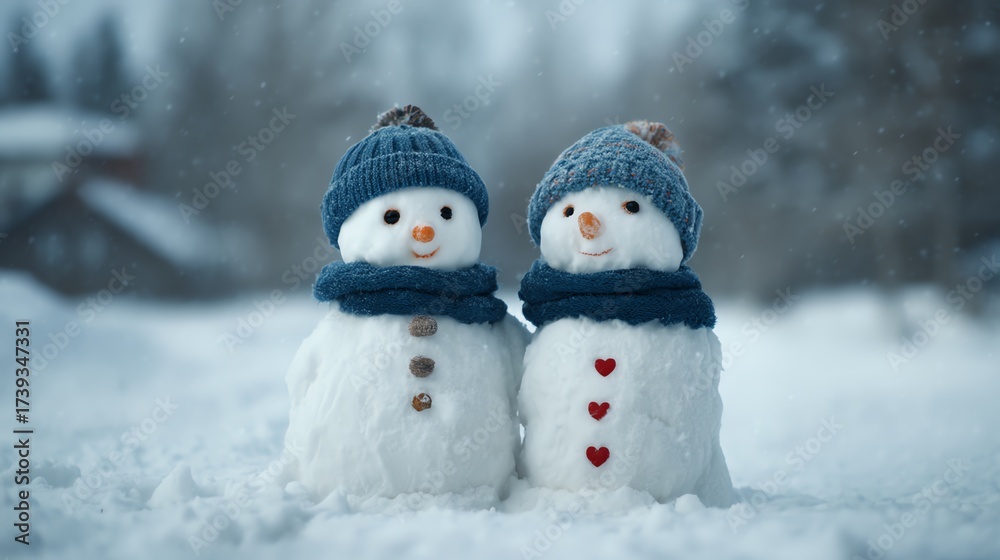 Obraz premium Snowman-building competition in a snowy neighborhood