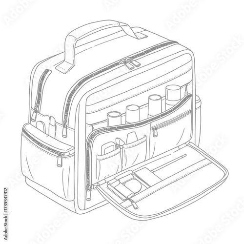 Detailed line drawing of a professional medical bag with numerous compartments and tools isolated on white background