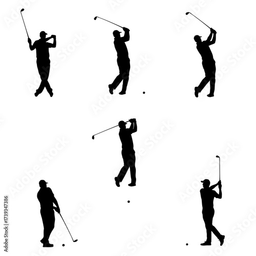 Dynamic silhouettes of golfers executing the perfect golf swing in sequence isolated on white background