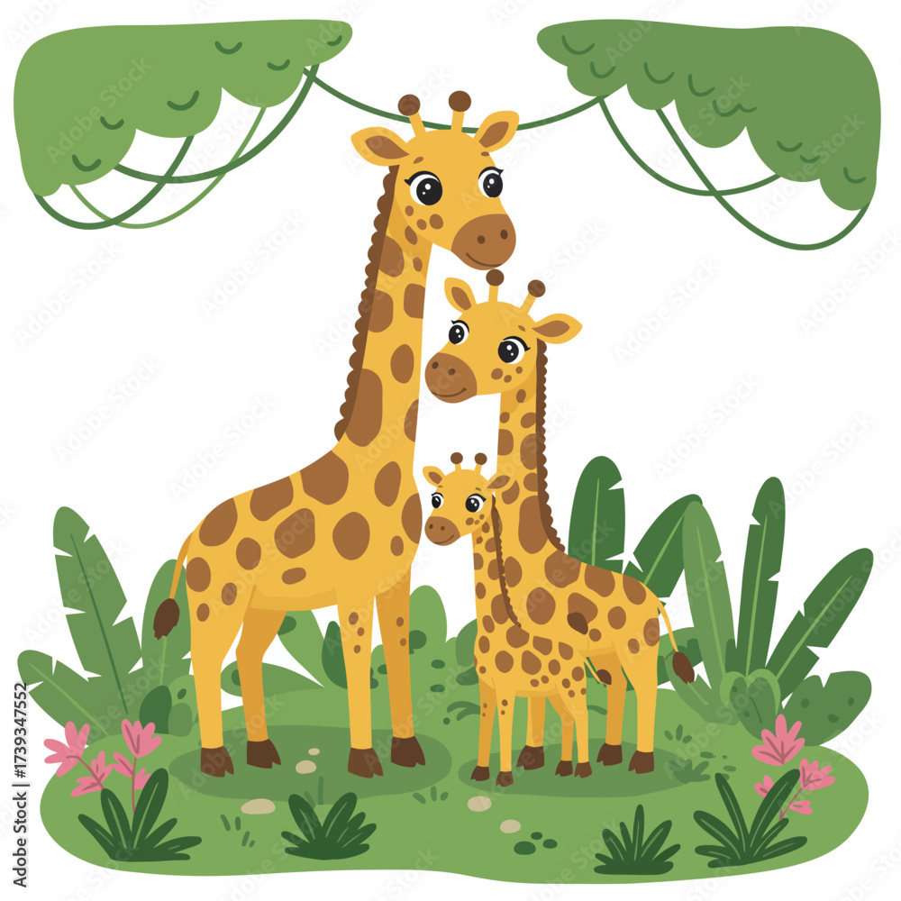 Fototapeta premium Adorable cartoon giraffe family under lush jungle canopy with vibrant green foliage isolated on white background
