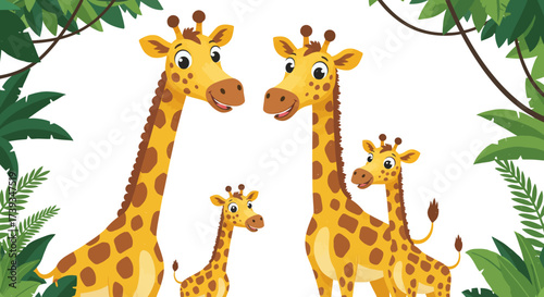 Adorable family of giraffes in lush jungle surroundings with tropical foliage and vines isolated on white background