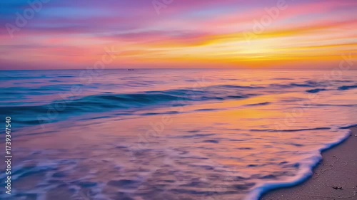 Serene Beach Scene with Colorful Sunset and Ocean Waves.