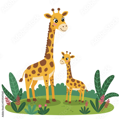 Two adorable giraffes family standing in a lush green landscape with tropical plants isolated on white background