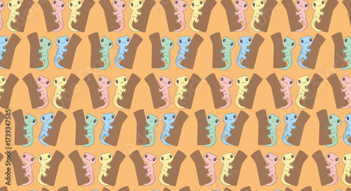 Whimsical repeating pattern of colorful cartoon geckos in pink, yellow, blue, and green clinging to brown branches on a solid apricot background.