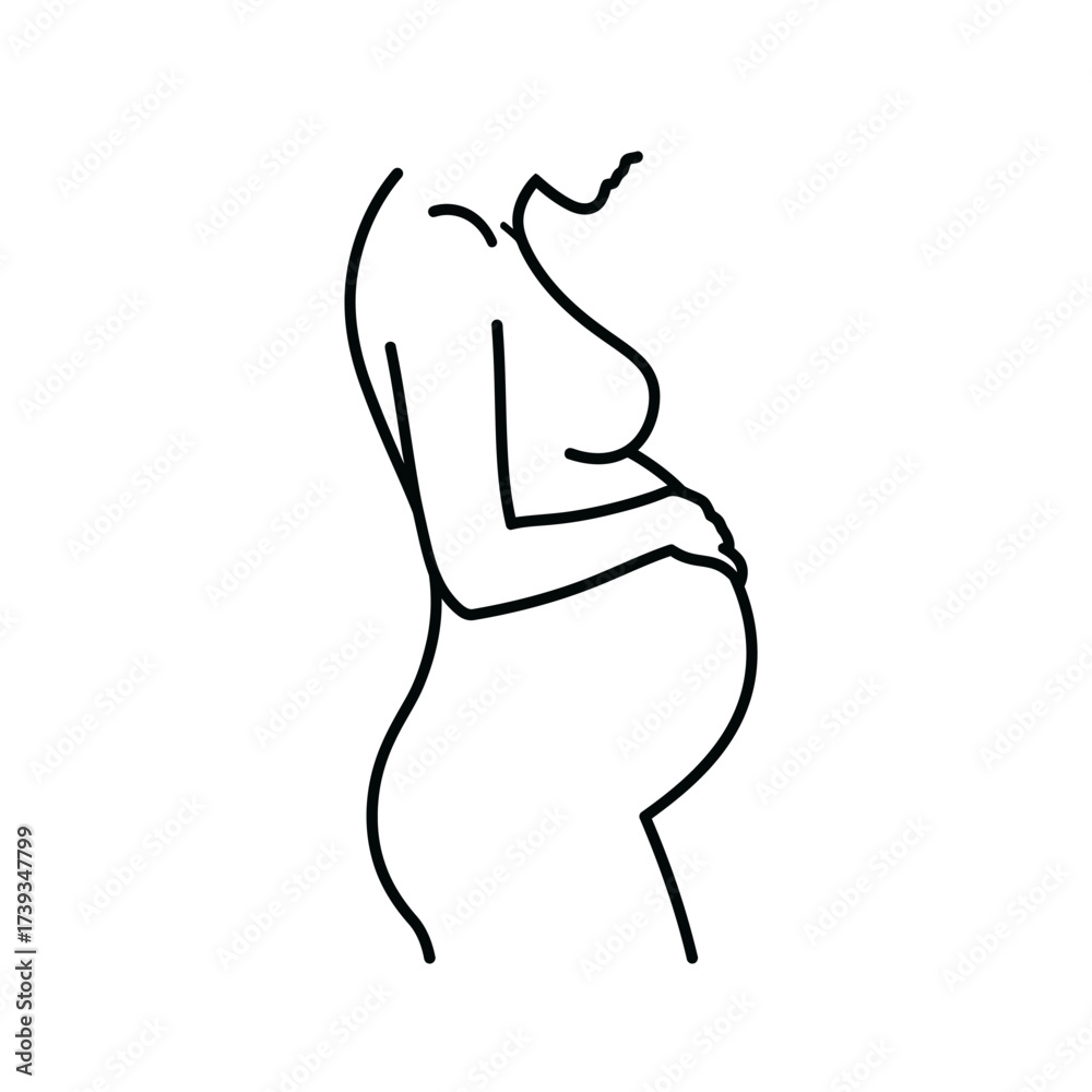 Naklejka premium Minimalist pregnant woman silhouette outline art gentle maternal embrace expecting mother beauty isolated on white background