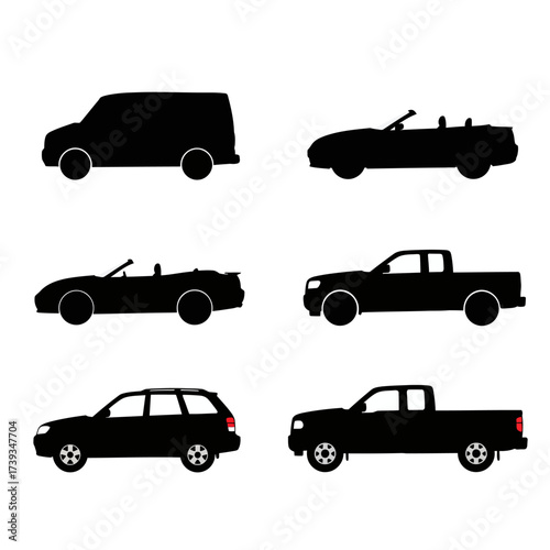 Diverse silhouettes of cars trucks and vans displayed in a grid layout collection isolated on white background