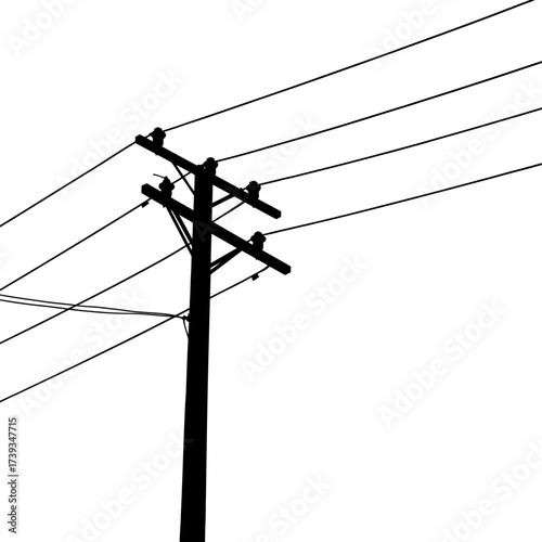 Silhouette of a utility pole with power lines against a clear sky background isolated on white background
