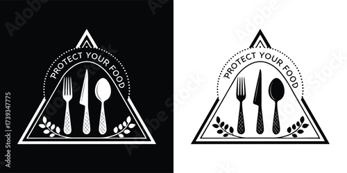 Stylized emblem with cutlery and leaves, featuring the text protect your food within a triangle on black and white backgrounds, signifying food security and safety