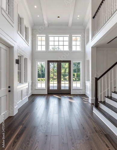 Bright, lofty foyer with stairs