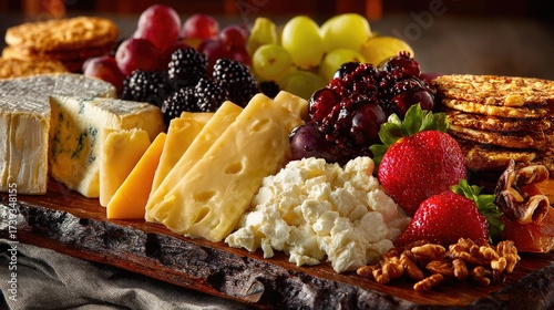 Assorted Cheese Board with Grapes, Strawberries, Nuts and Crackers for Wine Pairing