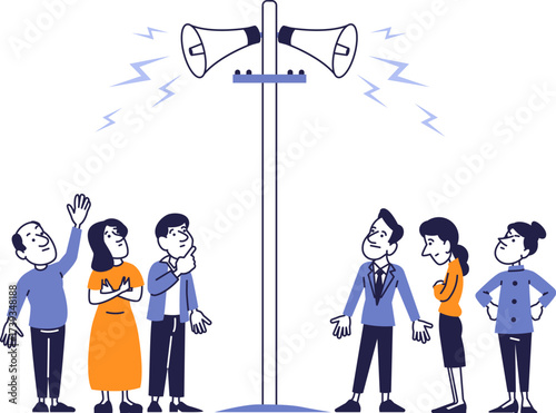 Vector illustration of people reacting to a loud announcement from megaphones. Concept of communication, propaganda, mass media, and society.