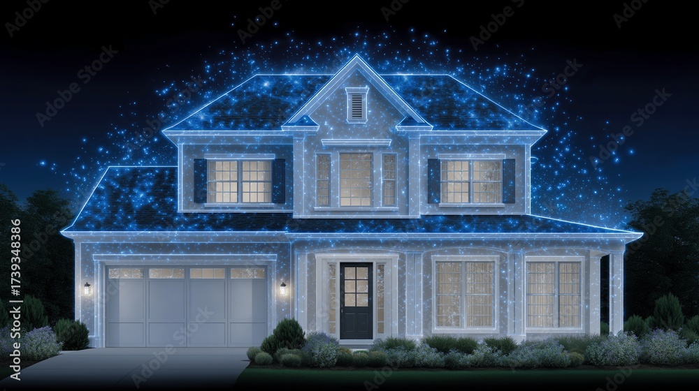 Fototapeta premium Two-story suburban smart home glowing blue lights image with digital overlay. Data dwelling modern IoT technology photography conceptual. Internet of things concept photo realistic