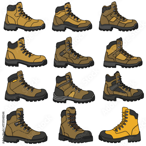 Collection of rugged construction work boots in various earth tones and designs showcasing durability and protection isolated on white background