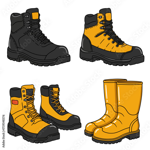 Construction safety footwear collection featuring work boots and rubber boots for industrial environments isolated on white background
