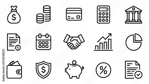 Finance and Banking Line Icon Set with Money Payment Investment and Business Symbols Vector Illustration