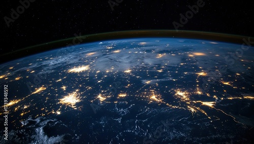 Fototapeta Naklejka Na Ścianę i Meble -  Earth at night, city lights glow on blue planet's curved surface