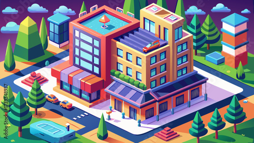 Isometric hotel building vector with rooftop sign, windows, balconies, trees, 3D perspective, scalable design, vibrant tones, clean lines, professional rendering, modern city accommodation artwork.