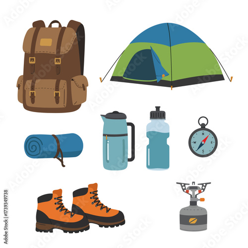 Essential outdoor adventure gear collection for camping hiking and mountaineering trips isolated on white background