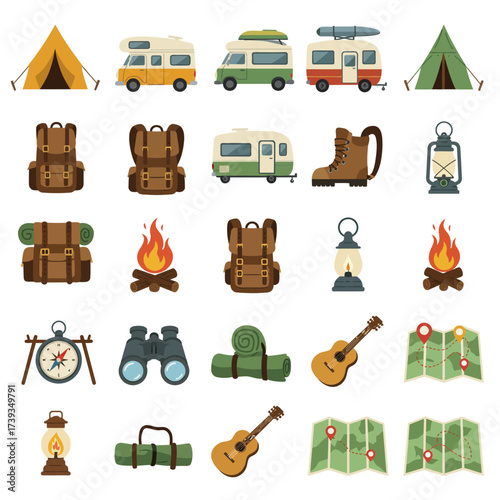 Camping adventure collection of outdoor gear and vehicles for recreational travel and exploration isolated on white background