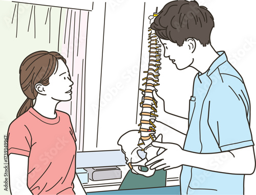 男性整体師が女性患者に背骨を使って説明するイラスト