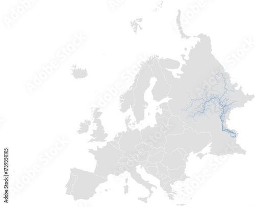 Volga river system – rivers vector map of Europe highlighting main stem, primary and secondary tributaries (LAEA, scaled by river size, PPT-compatible, multi-layered & fully editable)